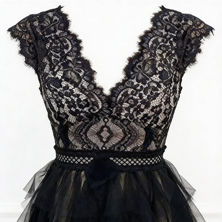 Freya | Women’s Cocktail Midi Dress With Lace Bodice And Layered Ruffle Skirt | Elegant