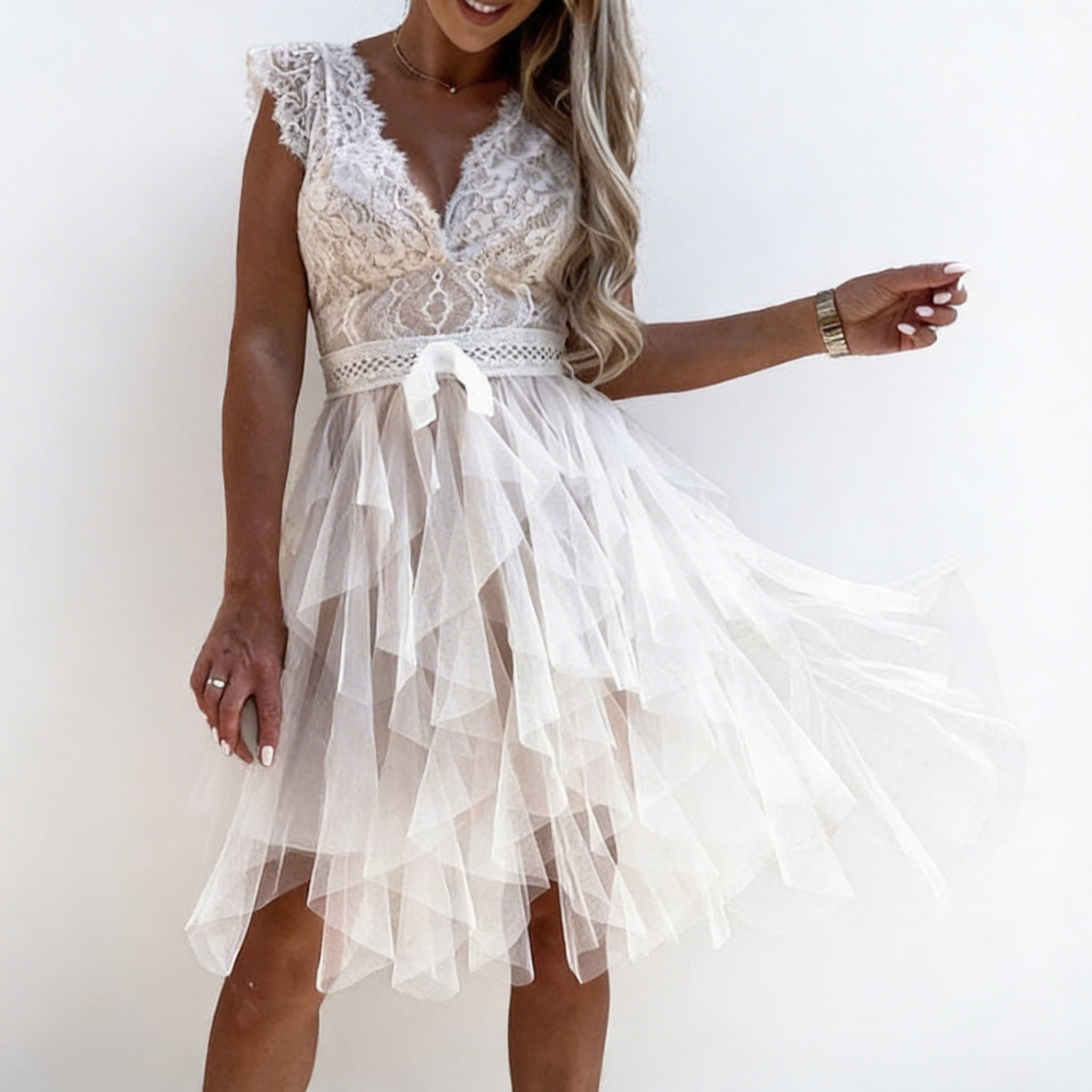 Freya | Women’s Cocktail Midi Dress With Lace Bodice And Layered Ruffle Skirt | Elegant