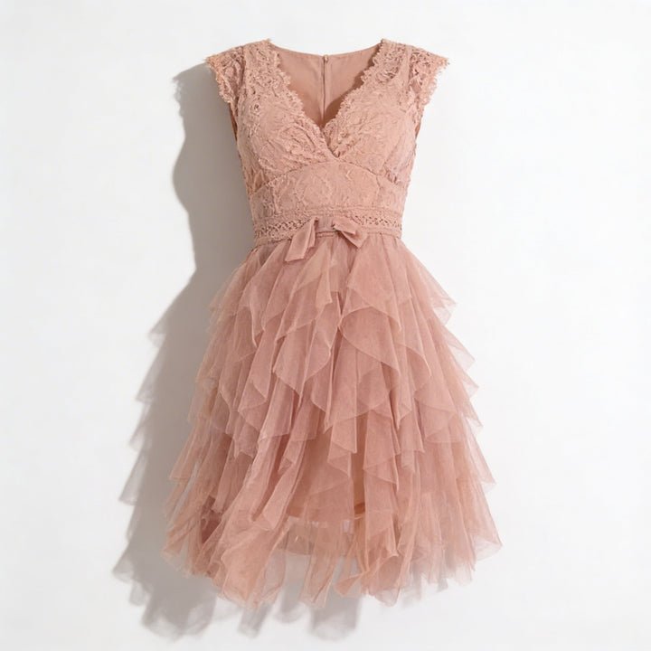 Freya | Women’s Cocktail Midi Dress With Lace Bodice And Layered Ruffle Skirt | Elegant