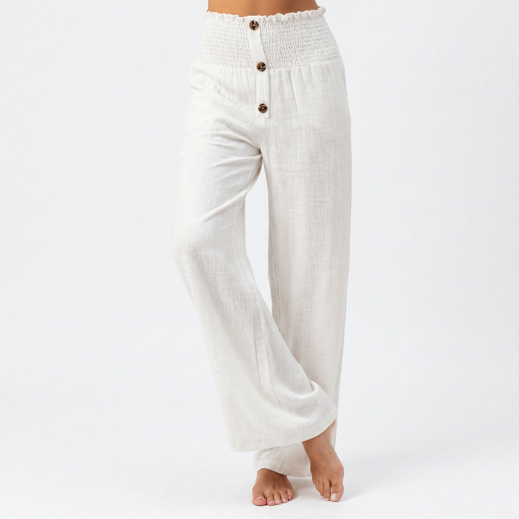 Freya | Women’s Linen Trousers With Button Front And Elastic Waistband | Relaxed