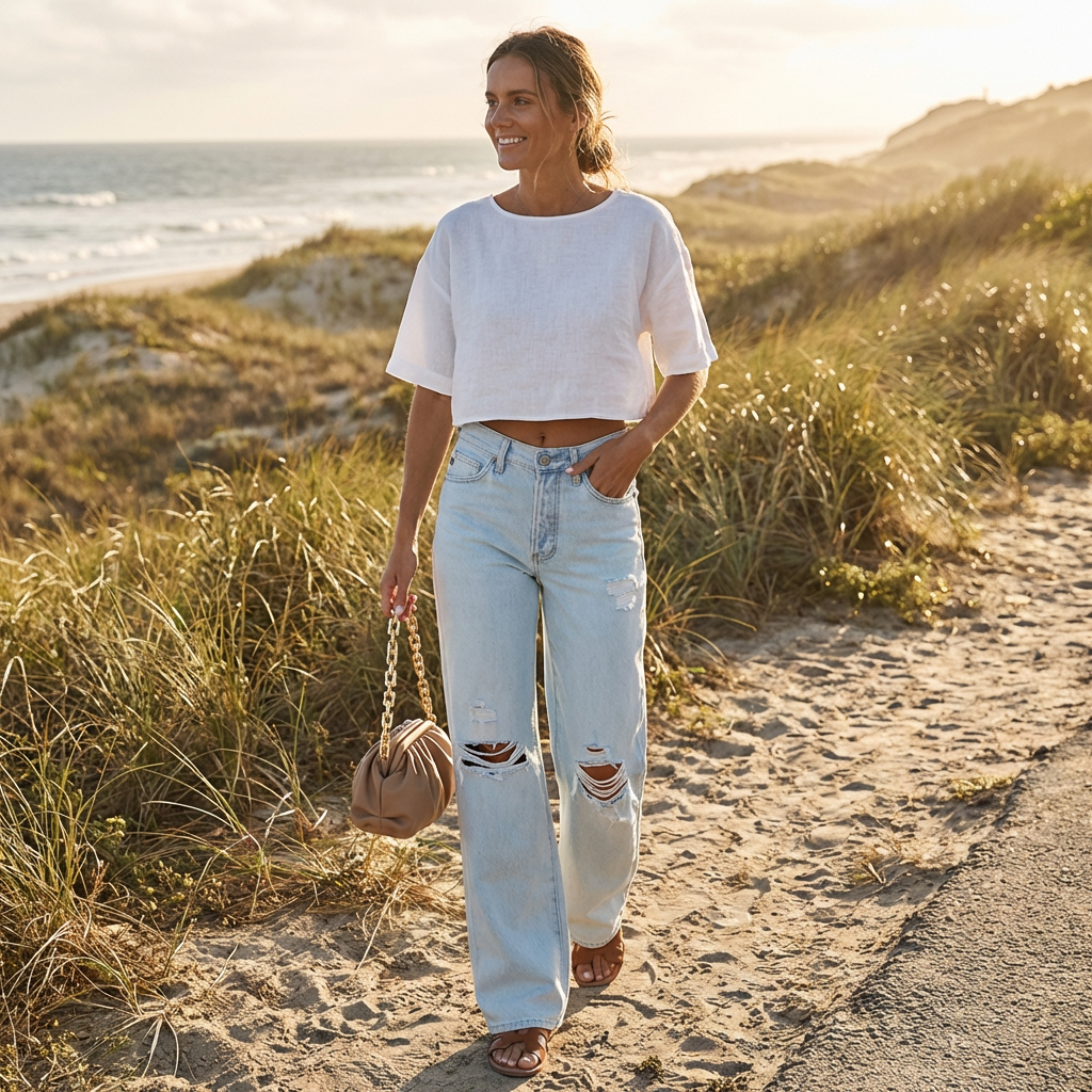 Harper | Women’s High Waist Jeans With Distressed Knee Detail And Wide Leg | Casual