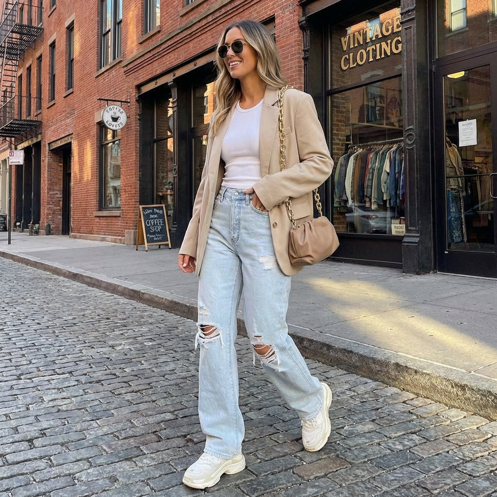 Harper | Women’s High Waist Jeans With Distressed Knee Detail And Wide Leg | Casual