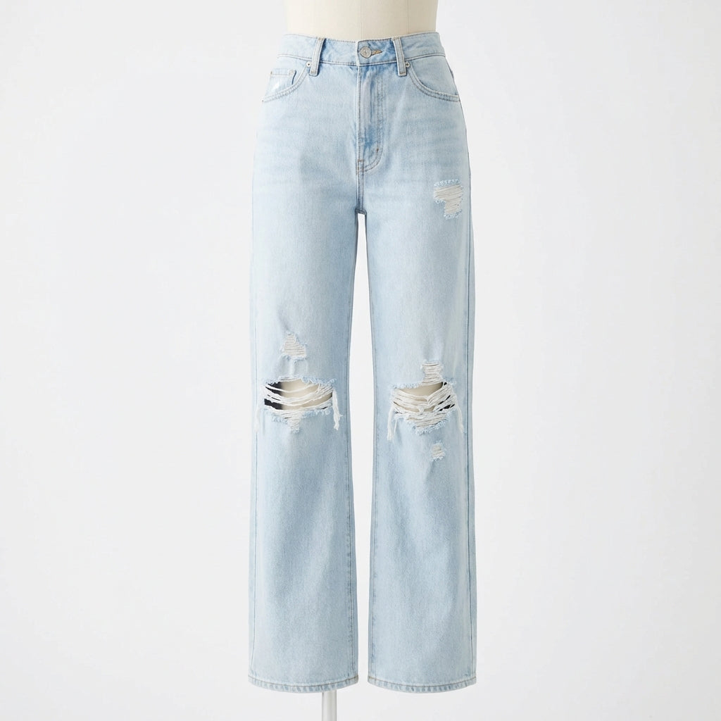 Harper | Women’s High Waist Jeans With Distressed Knee Detail And Wide Leg | Casual