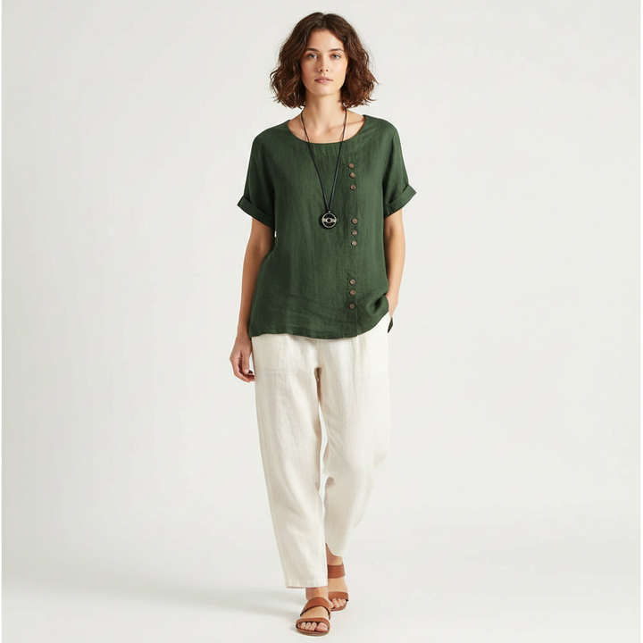 Harper | Women's Linen Blouse With Button Detail And Short Sleeves | Casual