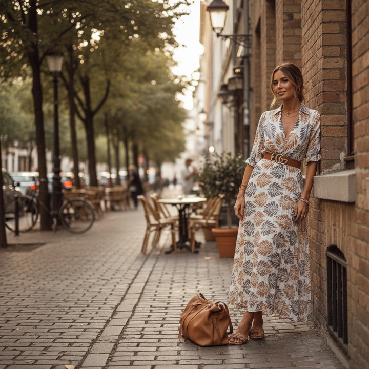 Isla | Women’s Day Midi Dress With Leaf Print And Belted Waist | Bohemian