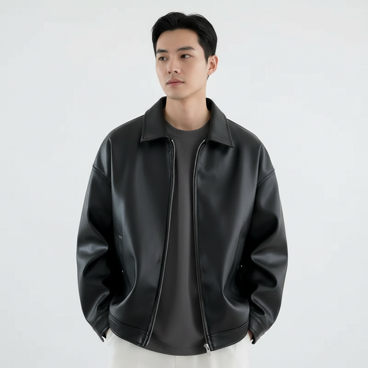Liam | Men's Leather Jacket With Zip Closure And Point Collar | Minimalist