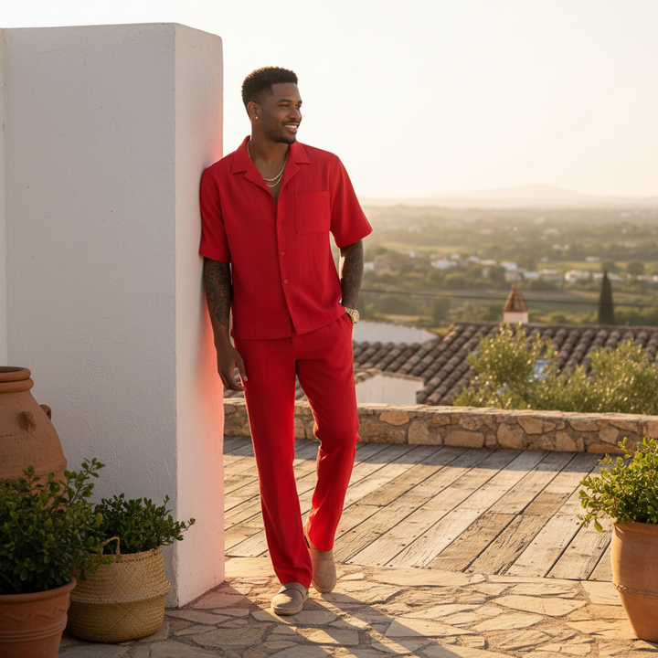 Liam | Men's Two Piece Set With Cuban Collar And Straight Leg Pants | Casual