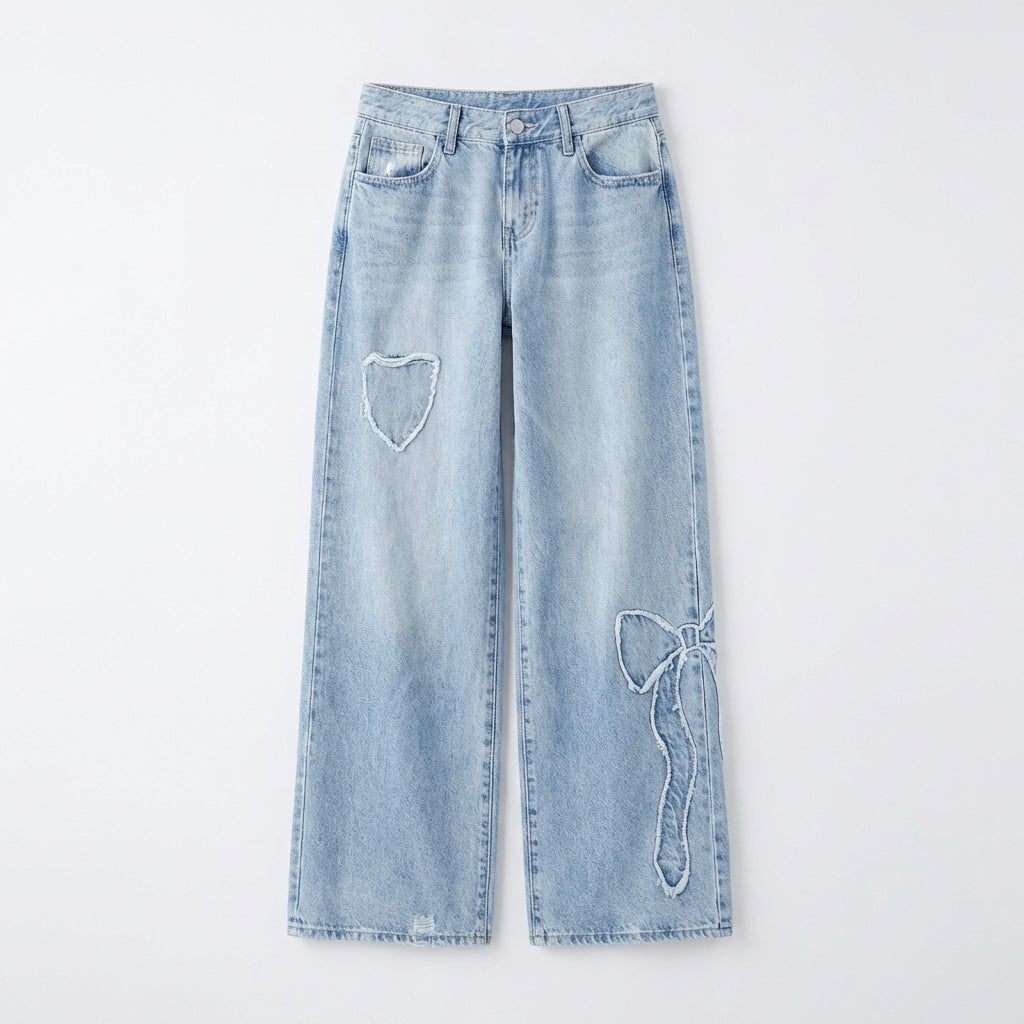 Lily | Women’s Baggy Jeans With Bow Embroidery Detail And Wide Leg | Cute