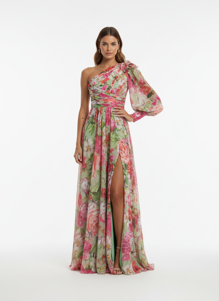 Liora | Women's Floral Maxi Dress With Tie Waist And Cape Sleeves