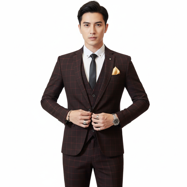 Lucas | Men's Three Piece Suit With Notch Lapel And Windowpane Pattern | Formal