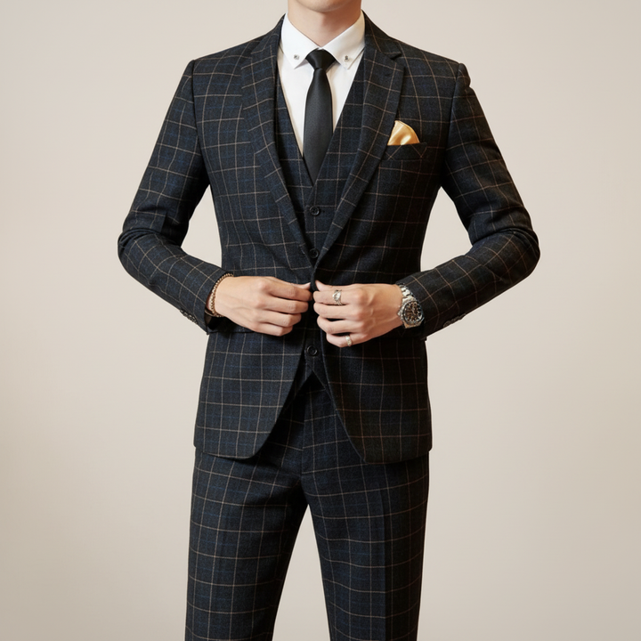 Lucas | Men's Three Piece Suit With Notch Lapel And Windowpane Pattern | Formal