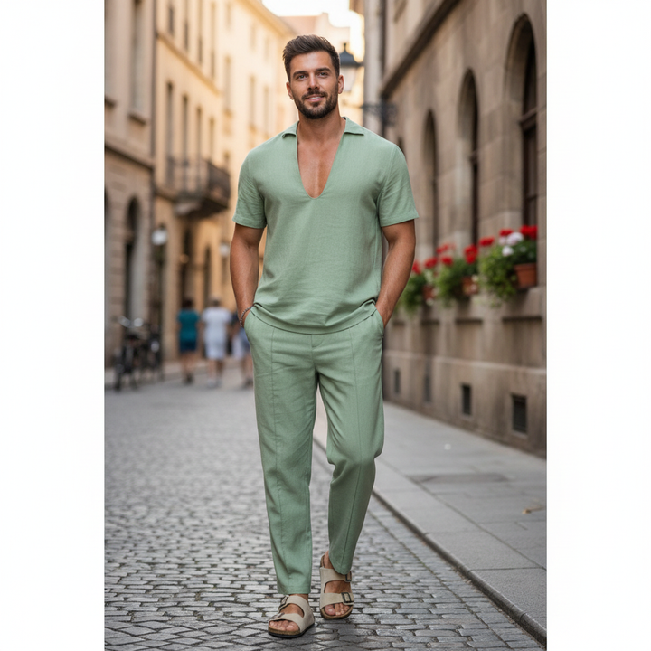 Lucas | Men's Two Piece Set With V Neck Shirt And Straight Leg Pants | Summer