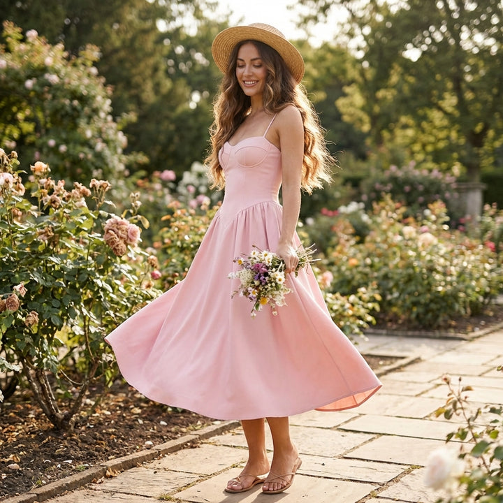 Luna | Women’s Formal Midi Dress With Spaghetti Straps And Sweetheart Neckline | Elegant