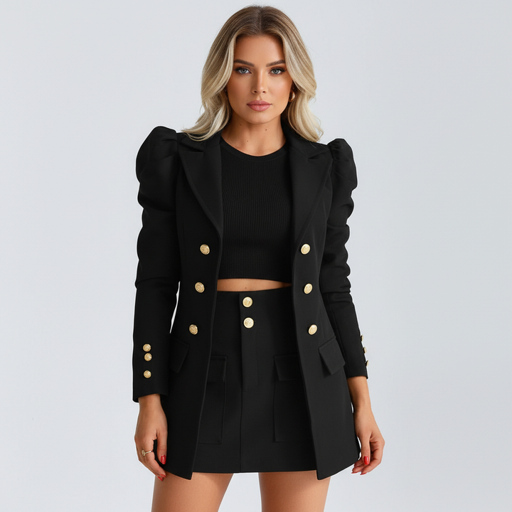 Madison | Women's Blazer And Skirt Co-ord Set With Gold Buttons And Pleated Skirt | Chic