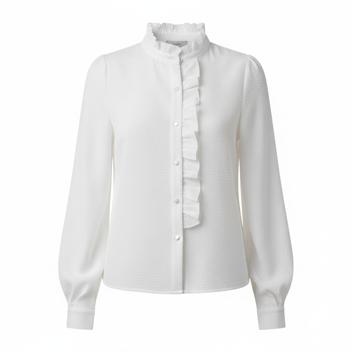 Madison | Women's Blouse With Ruffled Neckline And Contrast Buttons | Elegant