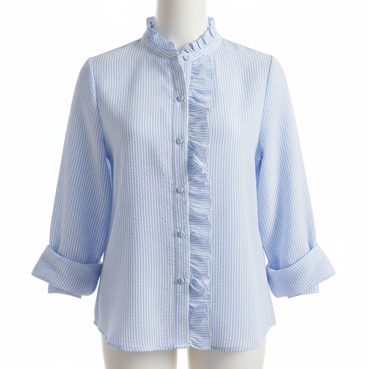 Madison | Women's Blouse With Ruffled Neckline And Contrast Buttons | Elegant