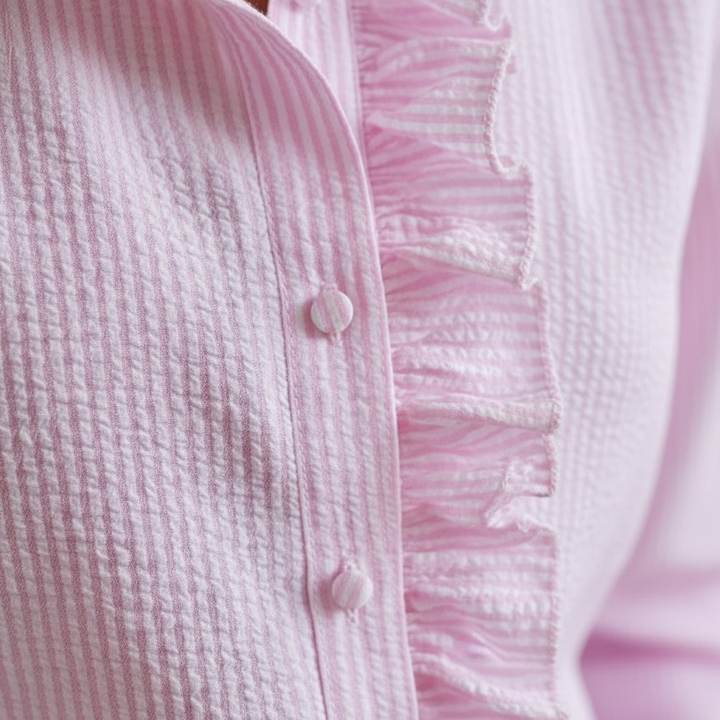 Madison | Women's Blouse With Ruffled Neckline And Contrast Buttons | Elegant