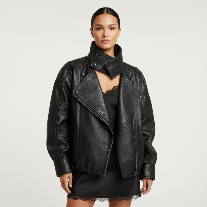 Madison | Women's Leather Jacket With Asymmetric Zip And High Neck | Biker