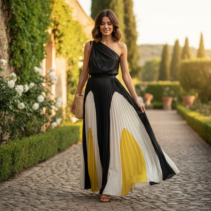 Madison | Women's One Shoulder Dress With Pleated Skirt And Draped Top | Elegant