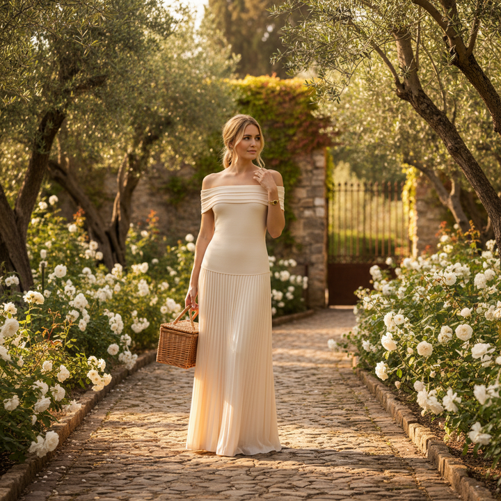 Madison | Women's Wedding Guest Maxi Dress With Off-Shoulder Neckline And Pleated Skirt | Elegant