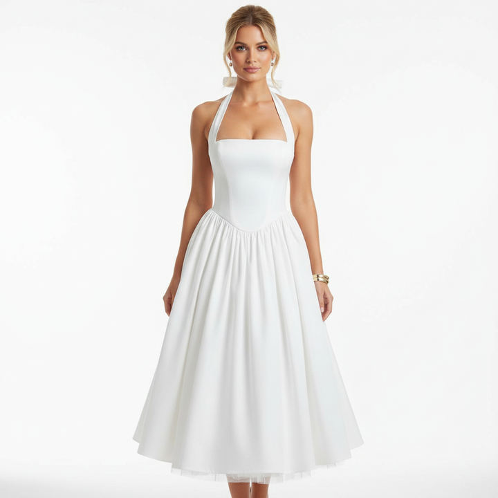 Madison | Women's Wedding Guest Midi Dress With Halter Neckline And Pleated Skirt | Elegant