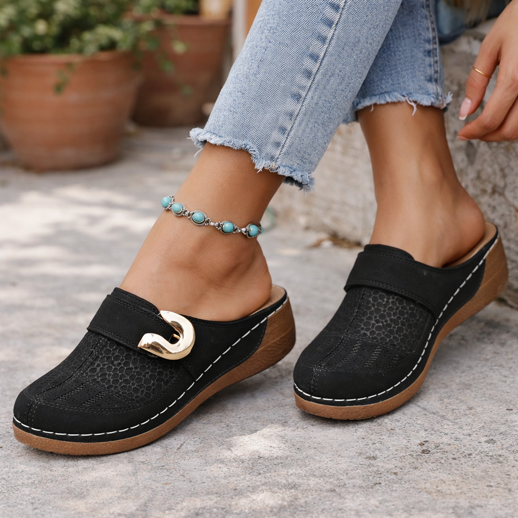 Mariana | Women’s Sandals With Perforated Upper And Gold Buckle | Comfort