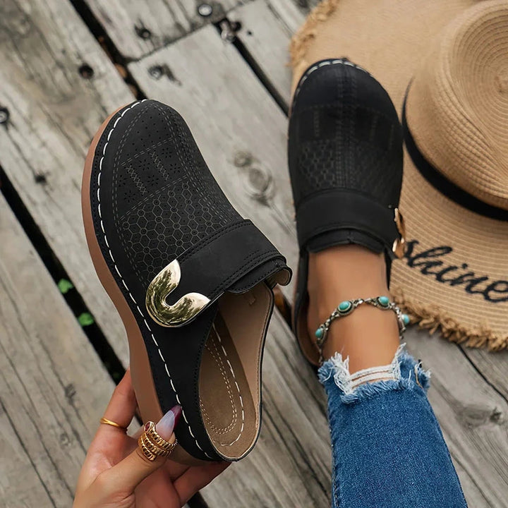 Mariana | Women’s Sandals With Perforated Upper And Gold Buckle | Comfort