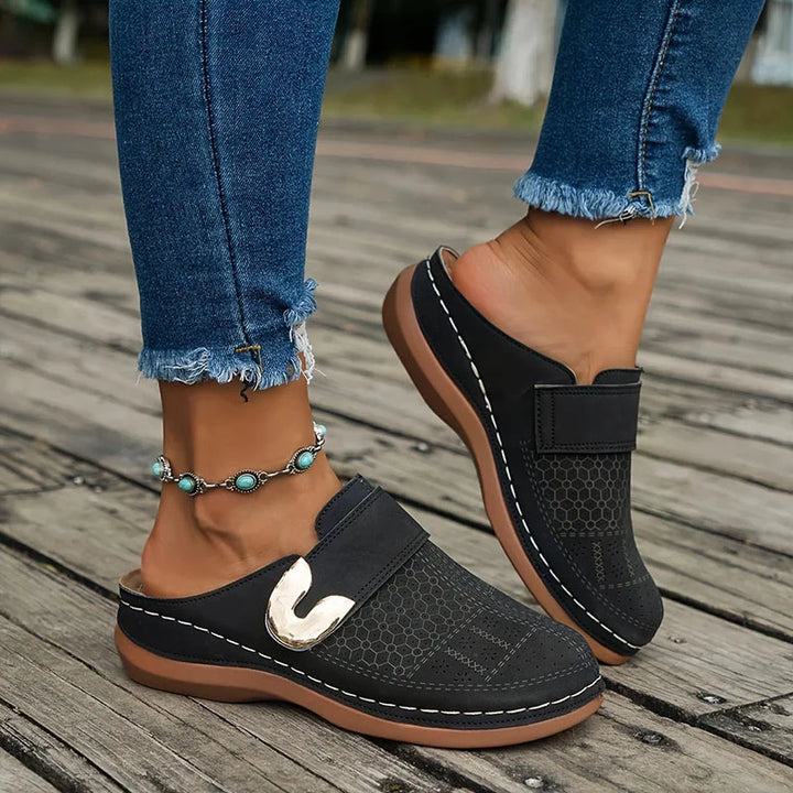 Mariana | Women’s Sandals With Perforated Upper And Gold Buckle | Comfort