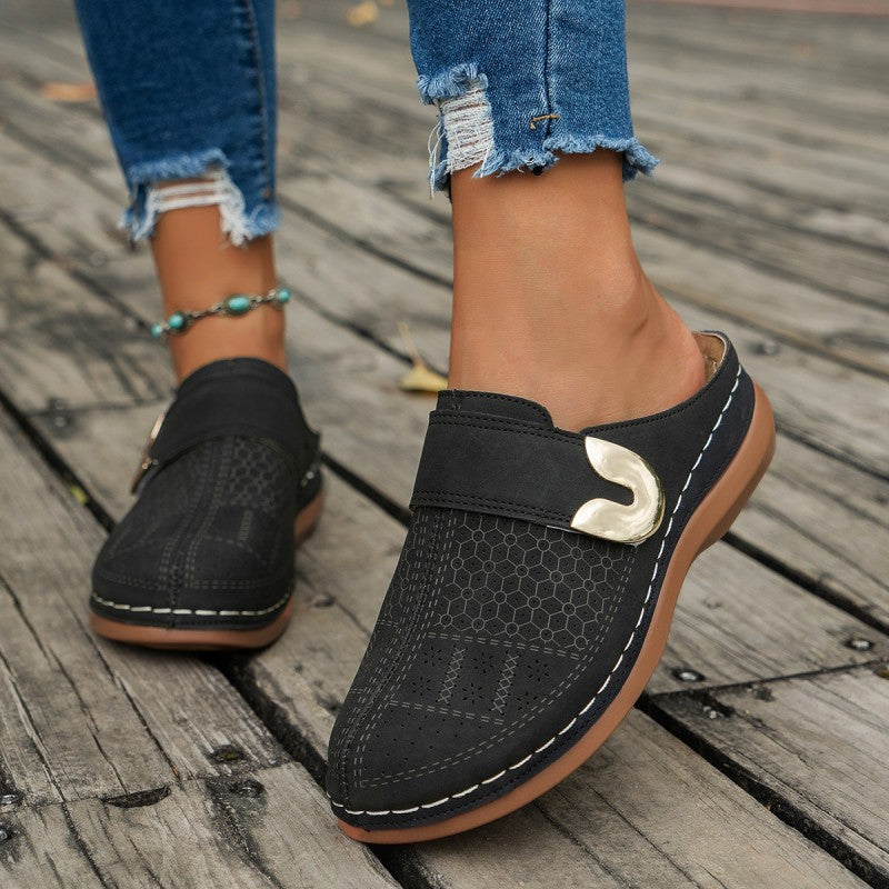 Mariana | Women’s Sandals With Perforated Upper And Gold Buckle | Comfort