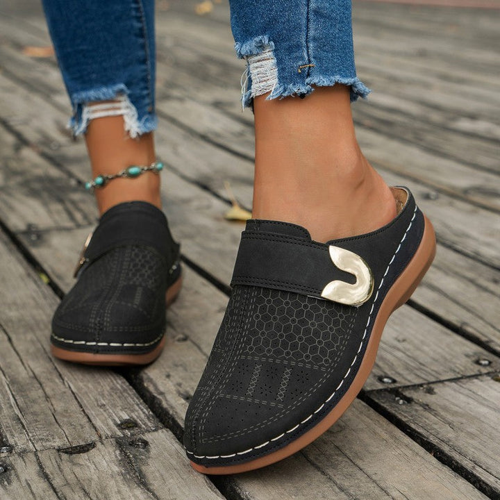Mariana | Women’s Sandals With Perforated Upper And Gold Buckle | Comfort
