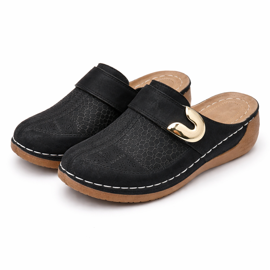 Mariana | Women’s Sandals With Perforated Upper And Gold Buckle | Comfort