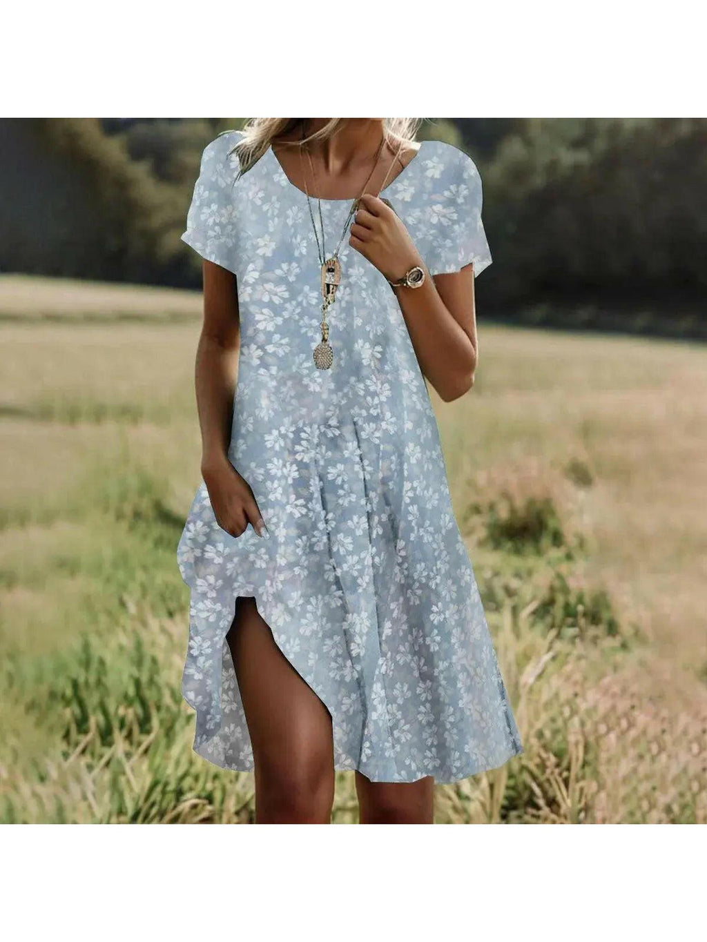 Maribel | Women's Floral Dress With Short Sleeves And Side Slit