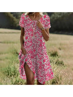 Maribel | Women's Floral Dress With Short Sleeves And Side Slit