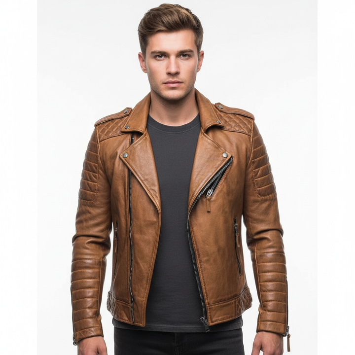 Noah | Men's Leather Jacket With Asymmetric Zip And Quilted Sleeves | Biker