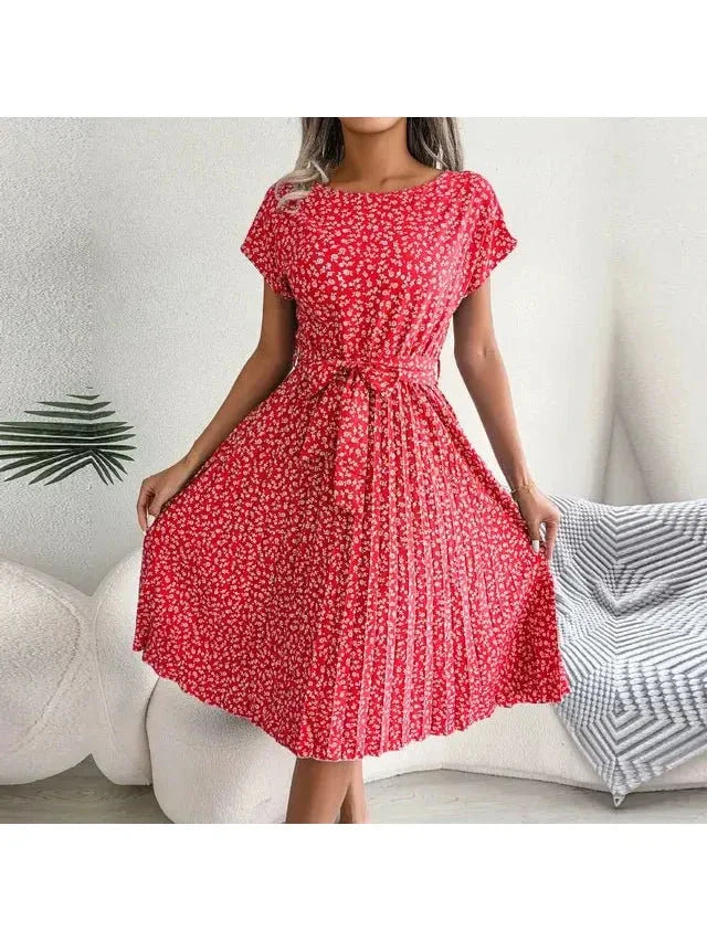 Olivia | Women’s Floral Dress With Tie Waist And Short Sleeves