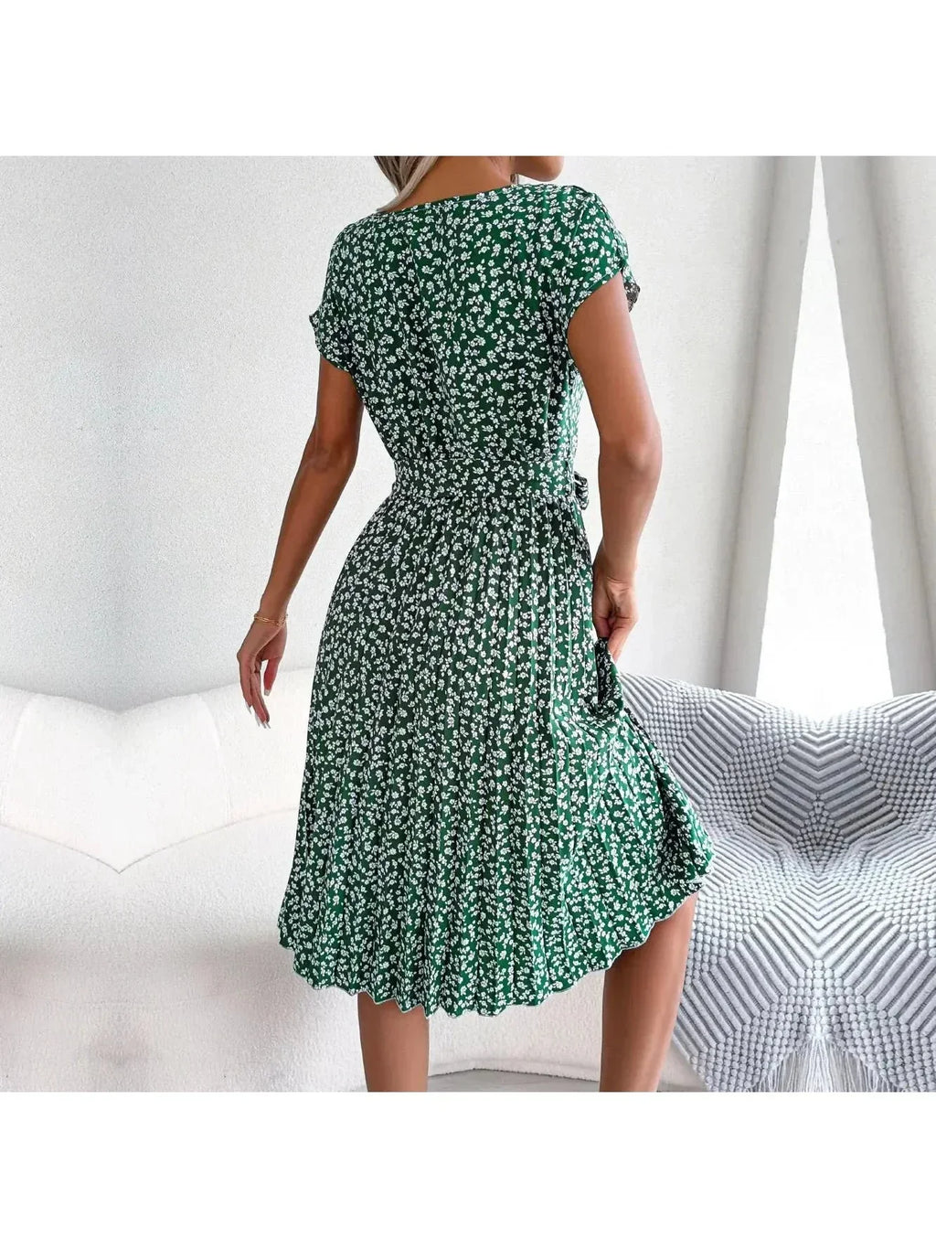 Olivia | Women’s Floral Dress With Tie Waist And Short Sleeves