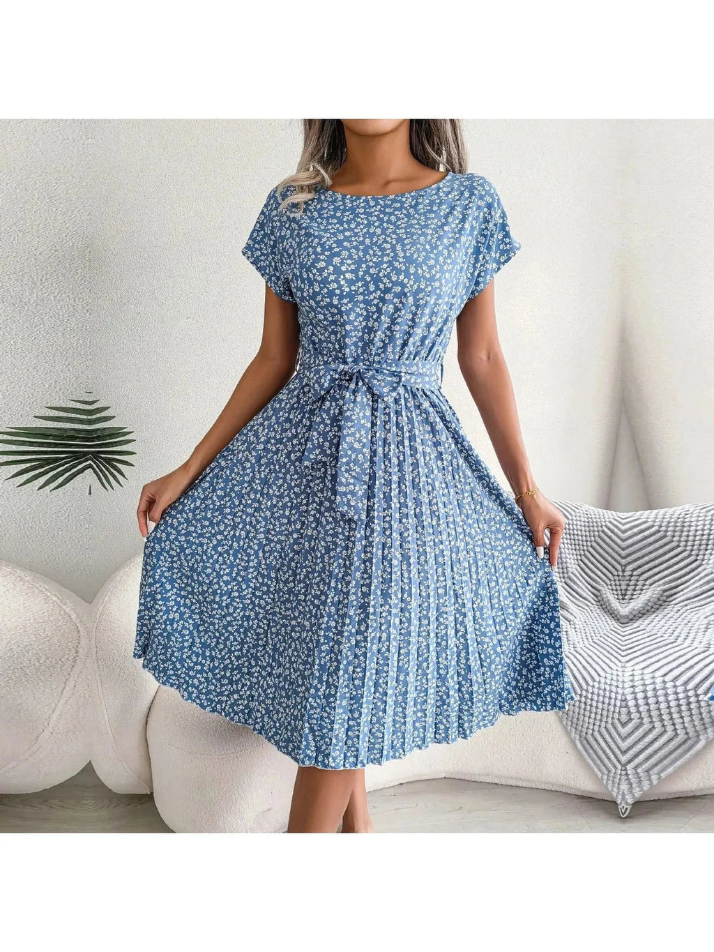 Olivia | Women’s Floral Dress With Tie Waist And Short Sleeves