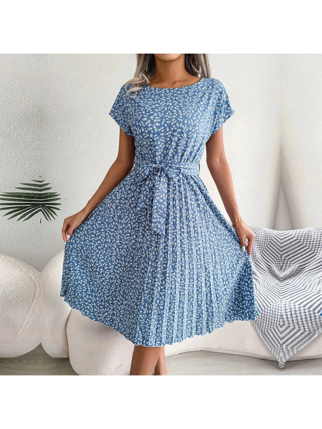 Olivia | Women’s Floral Dress With Tie Waist And Short Sleeves