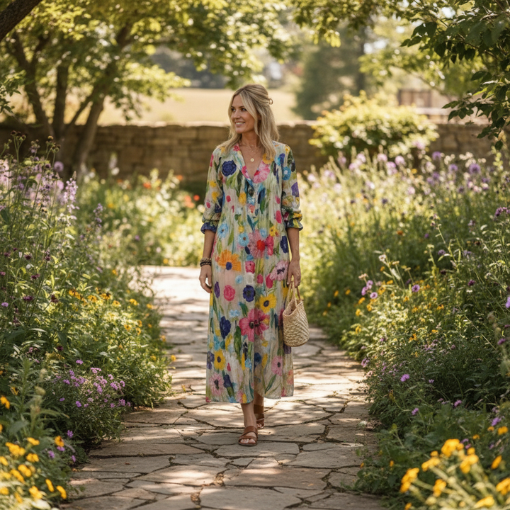 Olivia | Women's Floral Maxi Dress With V-Neck And Short Sleeves | Elegant
