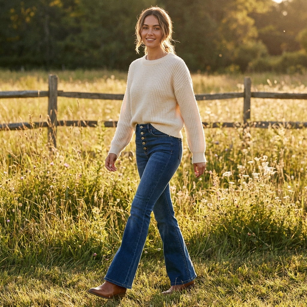 Olivia | Women’s High Waist Jeans With Button Front Detail And Flared Leg | Retro