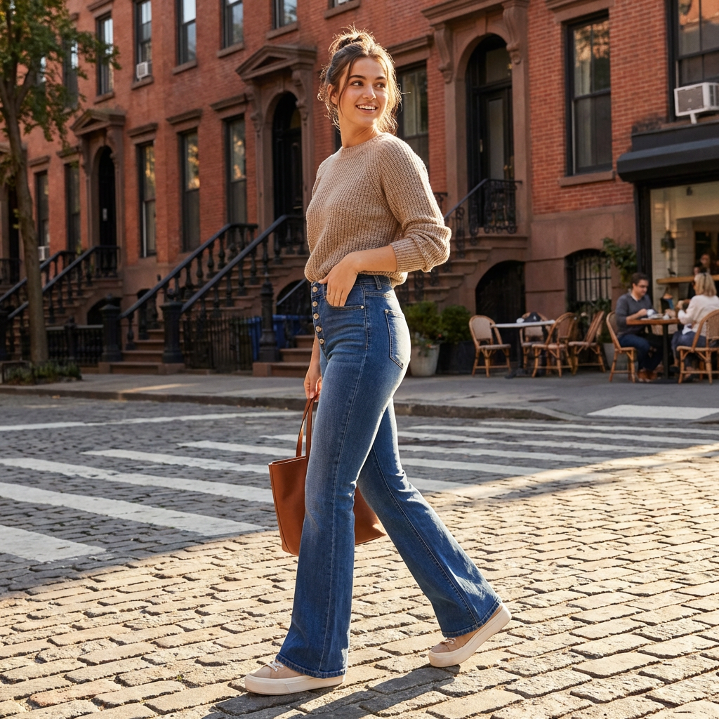 Olivia | Women’s High Waist Jeans With Button Front Detail And Flared Leg | Retro