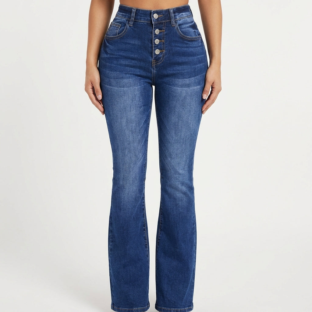 Olivia | Women’s High Waist Jeans With Button Front Detail And Flared Leg | Retro