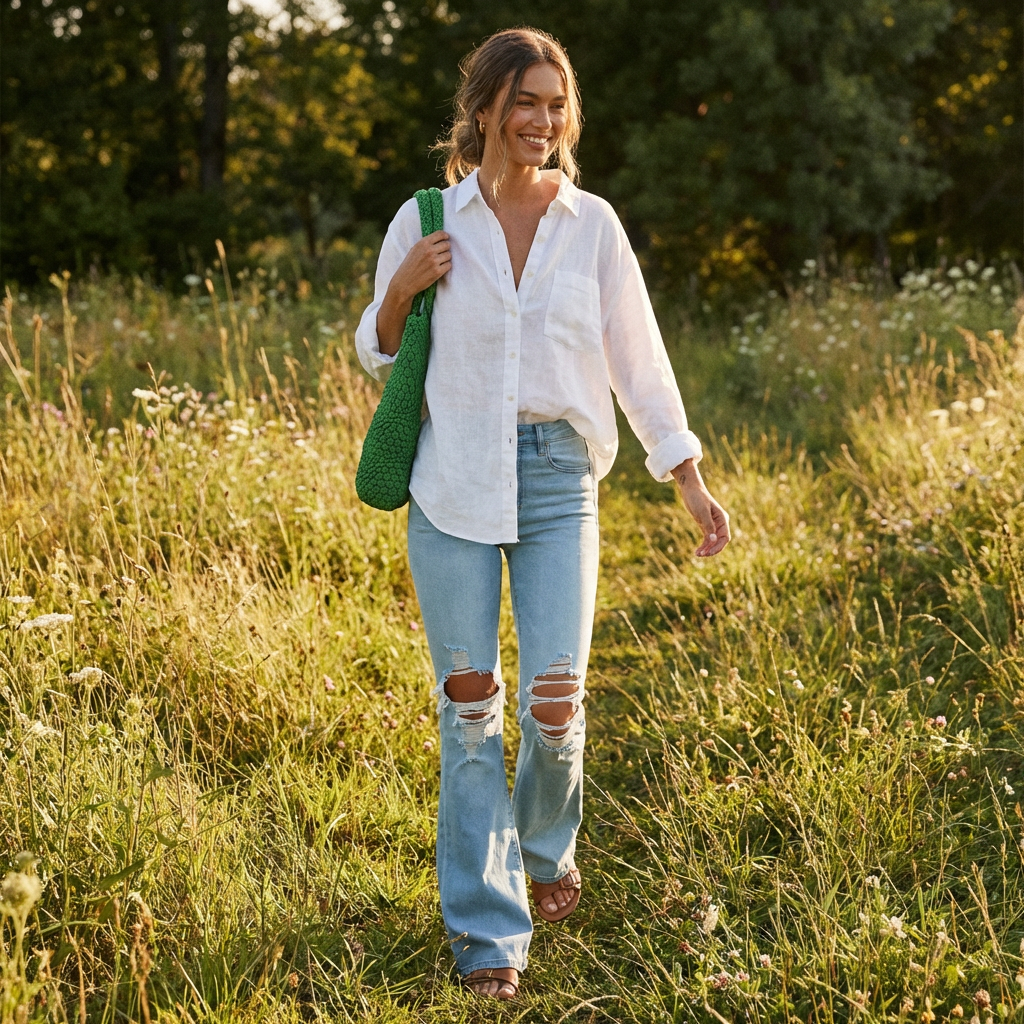 Olivia | Women’s High Waist Jeans With Distressed Knee Detail And Flared Leg | Retro