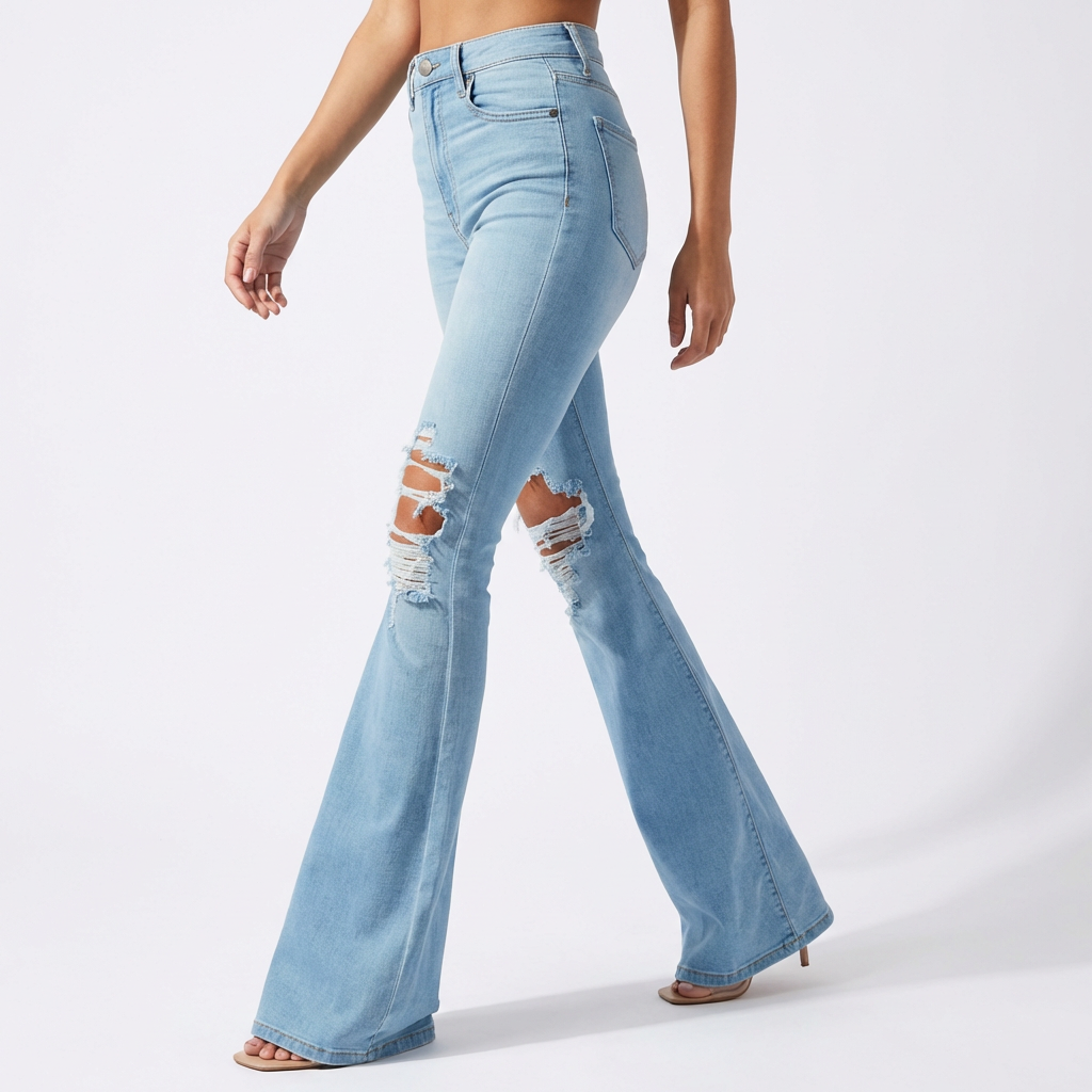 Olivia | Women’s High Waist Jeans With Distressed Knee Detail And Flared Leg | Retro