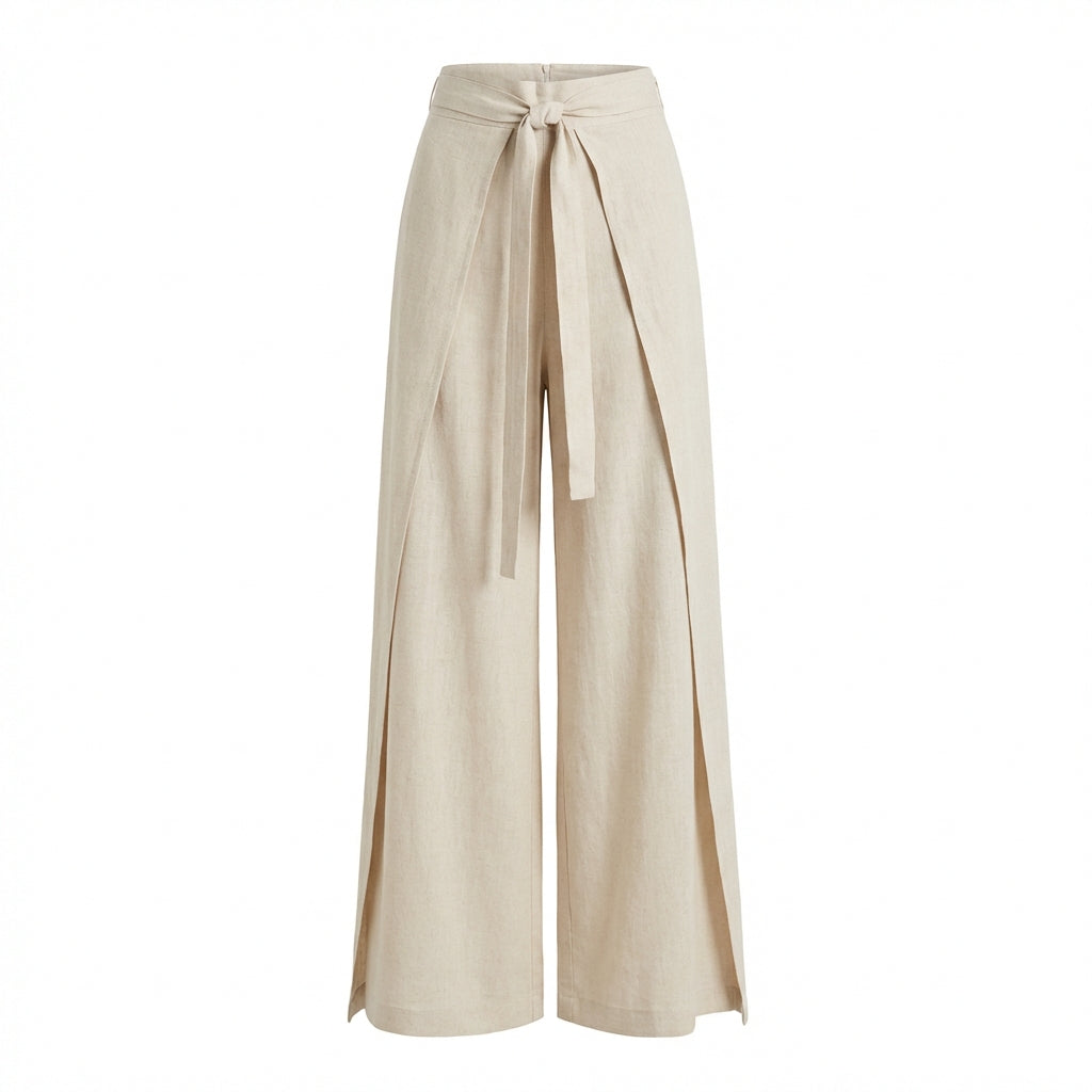 Olivia | Women’s Linen Trousers With Wide Leg Silhouette And Tie Waist | Elegant