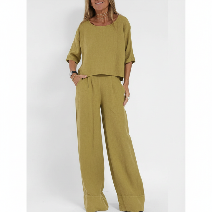 Olivia | Women's Outfit Set With Short Sleeve Top And Wide Leg Pants | Casual