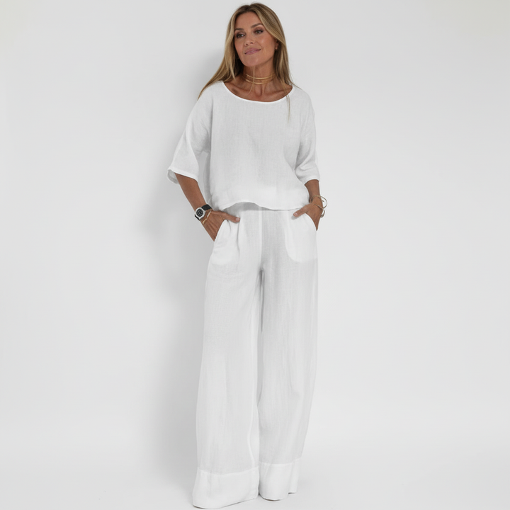 Olivia | Women's Outfit Set With Short Sleeve Top And Wide Leg Pants | Casual