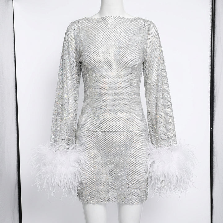 Olivia | Women's Sparkle Midi Dress With Feather Cuffs And Long Sleeves | Glamorous