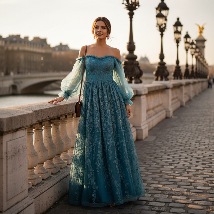 Olivia | Women's Wedding Guest Maxi Dress With Off Shoulder Neckline And Pleated Skirt | Elegant