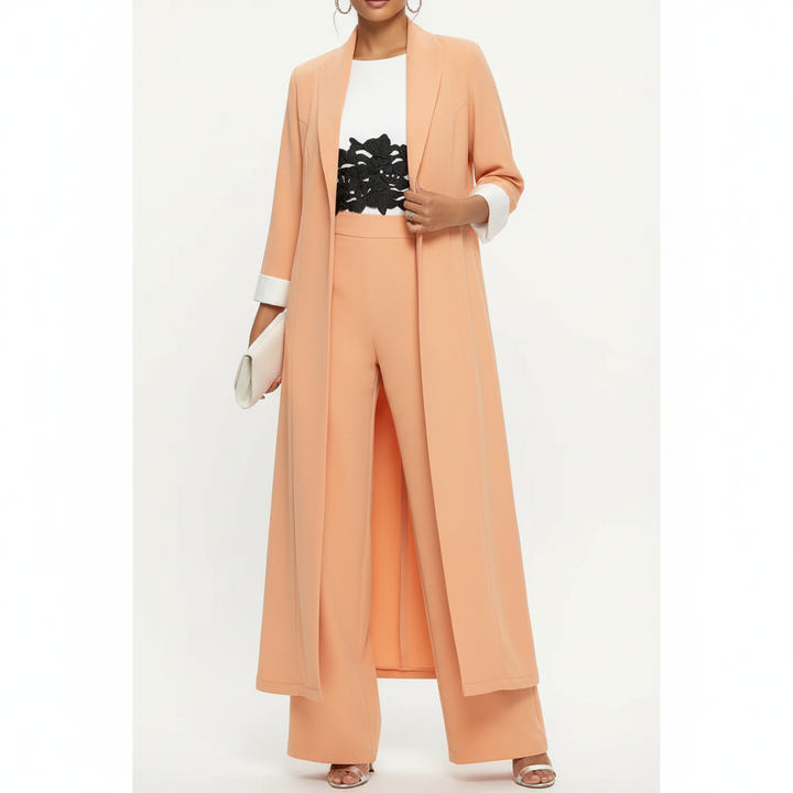 Olivia | Women's three Piece Set With Long Coat And Wide Leg Pants | Elegant